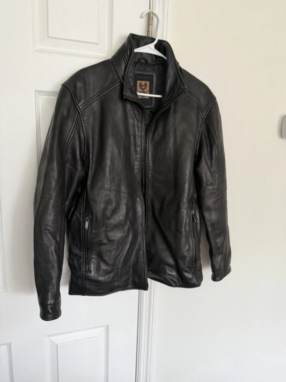 Kigili Black Leather Casual Jacket Men's 48 Zip Button Stand-Up Collar Mid-Leng…